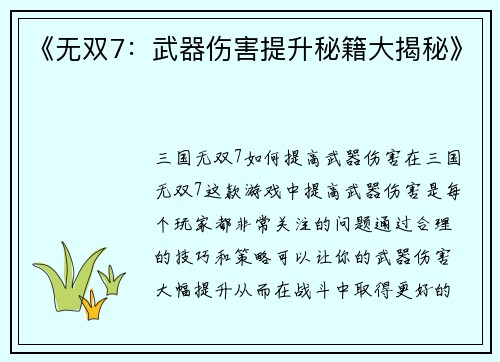 《无双7：武器伤害提升秘籍大揭秘》