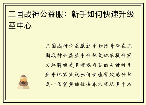 三国战神公益服:新手如何快速升级至中心