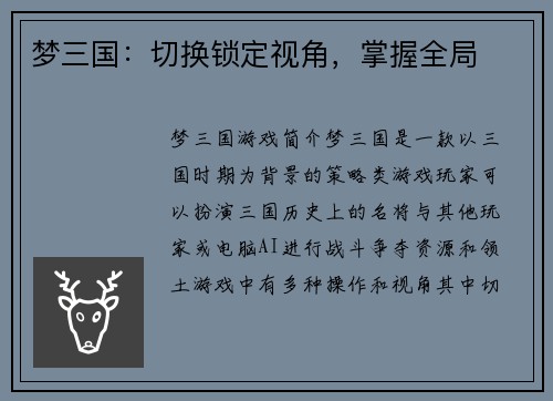 梦三国:切换锁定视角,掌握全局